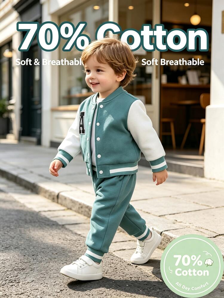 SHEIN 70% Cotton, Classic Varsity Baseball Jacket With Letter‑A Patch, Color‑Block Splicing And Striped Rib Cuffs For Stylish Toddlers. - Cadet Blue - View 1