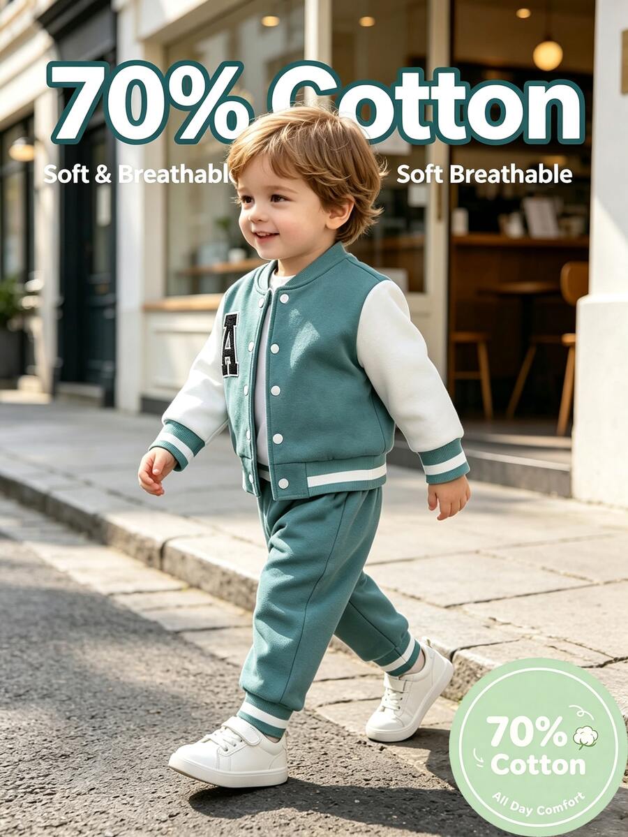 SHEIN 70% Cotton, Classic Varsity Baseball Jacket With Letter‑A Patch, Color‑Block Splicing And Striped Rib Cuffs For Stylish Toddlers. - Cadet Blue - View 1