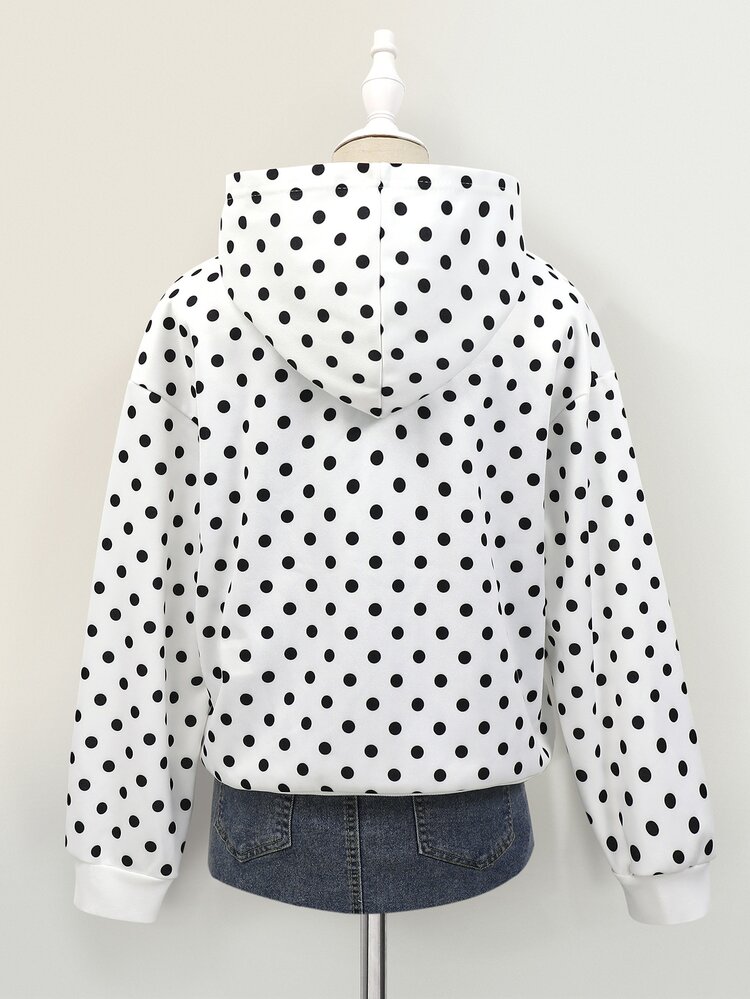 SHEIN Tween Girl Casual Streetwear Loose Back To School Letter Print Hooded Zip-Up Knit Sweatshirt, Autumn/Winter White And Black Polka Dot - White - View 4
