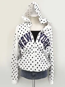 SHEIN 青少年女孩單件休閒寬鬆開學季字母印花連帽拉鍊針織運動衫，秋冬款 - 白色 - 查看 5