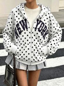 SHEIN 青少年女孩單件休閒寬鬆開學季字母印花連帽拉鍊針織運動衫，秋冬款 - 白色 - 查看 3
