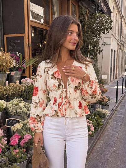 KARISMINA Women's Floral Print Pleated Casual Versatile Daily Wear Blouse,Rose Floral Print V Neck Tie Front Puff Long Sleeve Crop Blouse,Elegant Women's Blouse