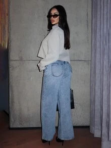 Shopreo 女士杏色纯色双排扣短款夹克灰色夹克短款外套秋冬 - 杏色 - 查看 2