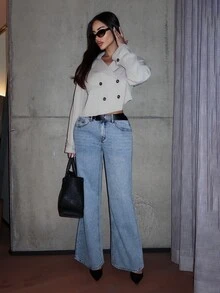 Shopreo 女士杏色纯色双排扣短款夹克灰色夹克短款外套秋冬 - 杏色 - 查看 4