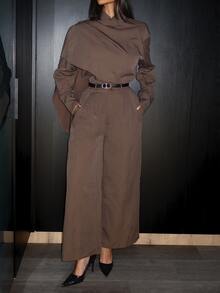 Shopreo 2pcs Women's High Waist Cinched Waist Midi Blazer Suit With Cape Sleeve In Fall/Winter - Coffee Brown - View 5