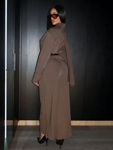 Shopreo 2pcs Women's High Waist Cinched Waist Midi Blazer Suit With Cape Sleeve In Fall/Winter - Coffee Brown - View 2