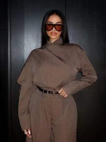 Shopreo 2pcs Women's High Waist Cinched Waist Midi Blazer Suit With Cape Sleeve In Fall/Winter - Coffee Brown - View 3