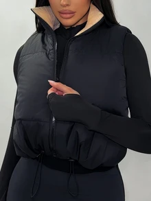 Shopreo 女士无袖拉链休闲夹棉外套 - 黑色 - 查看 6