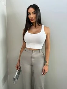 Shopreo Women Casual Solid Color Straight-Leg Pants - Light Grey - View 3