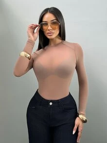 Shopreo Solid Mesh Top Without Bra - Dusty Pink - View 3