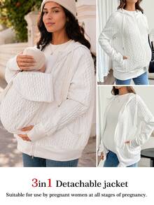 SHEIN Maternity Twisted Knit Comfortable Zipper Long Sleeve 3-In-1 Hooded Jacket Fall Fall/Winter Casual - White - View 1