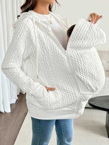 SHEIN Maternity Twisted Knit Comfortable Zipper Long Sleeve 3-In-1 Hooded Jacket Fall Fall/Winter Casual - White - View 4