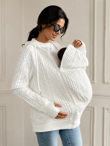 SHEIN Maternity Twisted Knit Comfortable Zipper Long Sleeve 3-In-1 Hooded Jacket Fall Fall/Winter Casual - White - View 3
