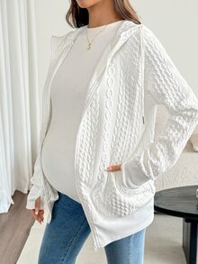SHEIN Maternity Twisted Knit Comfortable Zipper Long Sleeve 3-In-1 Hooded Jacket Fall Fall/Winter Casual - White - View 6