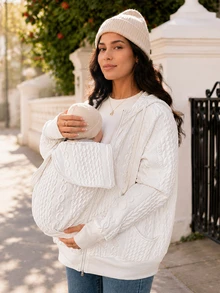 SHEIN Maternity Twisted Knit Comfortable Zipper Long Sleeve 3-In-1 Hooded Jacket Fall Fall/Winter Casual - White - View 2