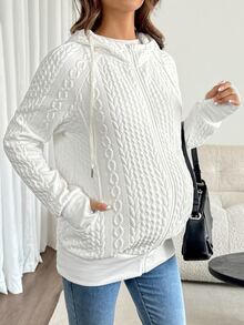 SHEIN Maternity Twisted Knit Comfortable Zipper Long Sleeve 3-In-1 Hooded Jacket Fall Fall/Winter Casual - White - View 7