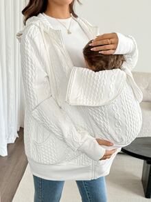 SHEIN Maternity Twisted Knit Comfortable Zipper Long Sleeve 3-In-1 Hooded Jacket Fall Fall/Winter Casual - White - View 9