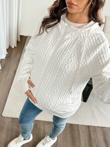 SHEIN Maternity Twisted Knit Comfortable Zipper Long Sleeve 3-In-1 Hooded Jacket Fall Fall/Winter Casual - White - View 8