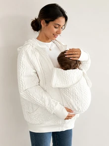SHEIN Maternity Twisted Knit Comfortable Zipper Long Sleeve 3-In-1 Hooded Jacket Fall Fall/Winter Casual - White - View 10
