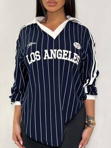 Shopreo Women's New Striped Letter & Number Print Sporty T-Shirt - Navy Blue - View 5