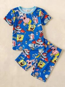 SpongeBob SquarePants | SHEIN 卡通印花圓領短袖上衣與短褲緊身睡衣套裝，適合小男孩 - 藍色 - 查看 1