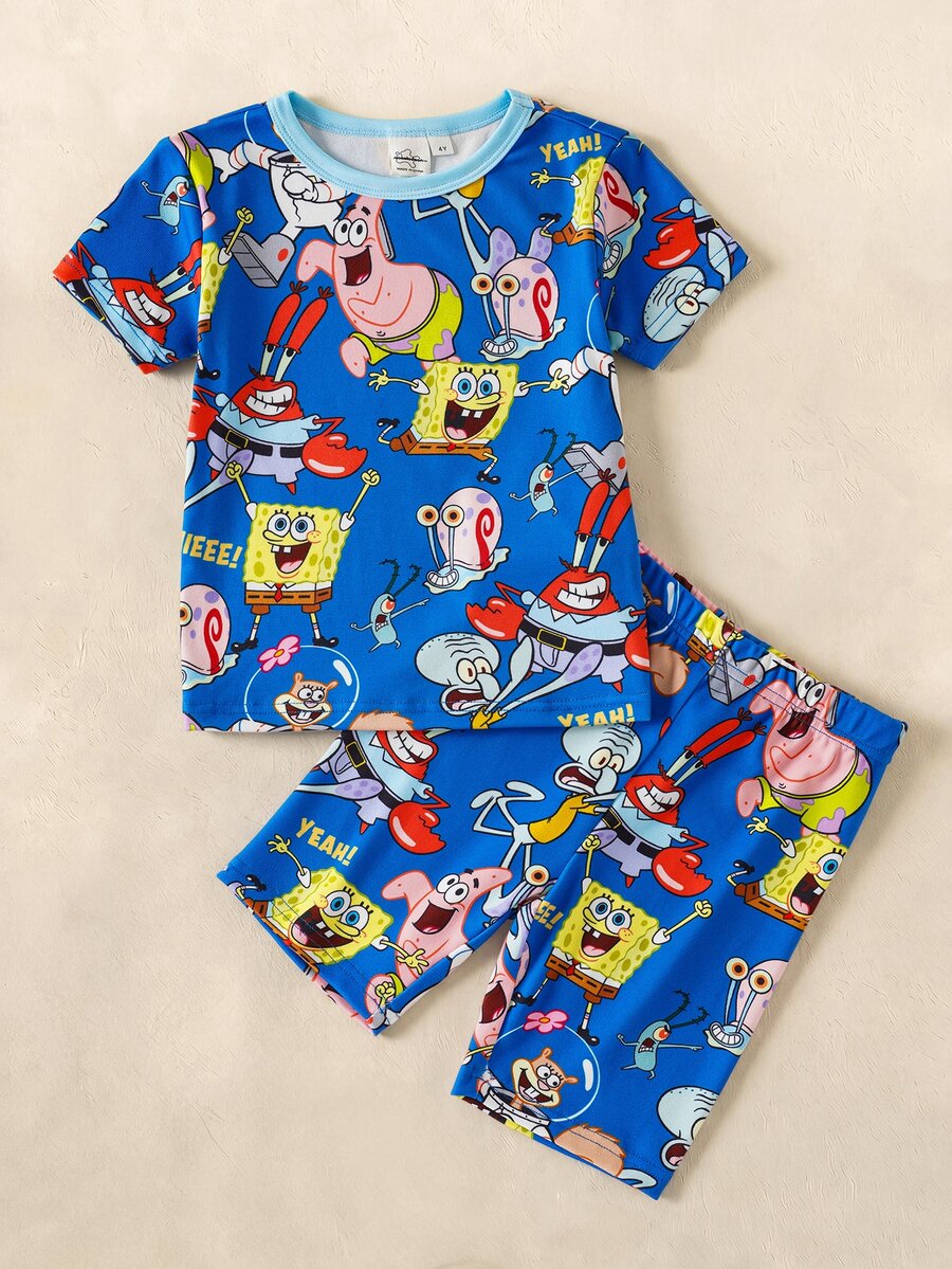 SpongeBob SquarePants | SHEIN 卡通印花圓領短袖上衣與短褲緊身睡衣套裝,適合小男孩 - 藍色 - 查看 1