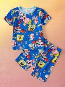 SpongeBob SquarePants | SHEIN 卡通印花圓領短袖上衣與短褲緊身睡衣套裝，適合小男孩 - 藍色 - 查看 8
