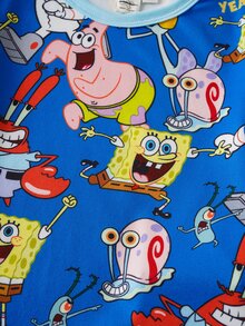 SpongeBob SquarePants | SHEIN 卡通印花圓領短袖上衣與短褲緊身睡衣套裝，適合小男孩 - 藍色 - 查看 4