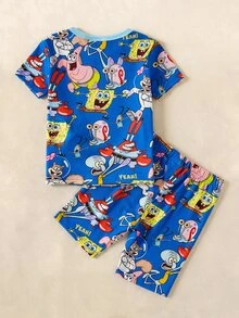 SpongeBob SquarePants | SHEIN 卡通印花圓領短袖上衣與短褲緊身睡衣套裝，適合小男孩 - 藍色 - 查看 2