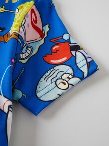 SpongeBob SquarePants | SHEIN 卡通印花圓領短袖上衣與短褲緊身睡衣套裝，適合小男孩 - 藍色 - 查看 5