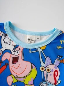 SpongeBob SquarePants | SHEIN 卡通印花圓領短袖上衣與短褲緊身睡衣套裝，適合小男孩 - 藍色 - 查看 3