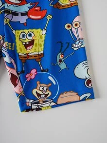 SpongeBob SquarePants | SHEIN 卡通印花圓領短袖上衣與短褲緊身睡衣套裝，適合小男孩 - 藍色 - 查看 6