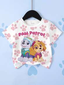 SHEIN | PAW Patrol 女童圓領字母卡通印花休閒日常短袖T恤 - 白色 - 查看 1