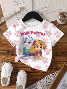 SHEIN | PAW Patrol 女童圓領字母卡通印花休閒日常短袖T恤 - 白色 - 查看 3