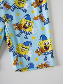 SpongeBob SquarePants | SHEIN 男童卡通印花圆领短袖修身夏季家居服 - 藍色 - 查看 6