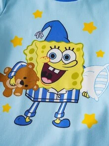 SpongeBob SquarePants | SHEIN 男童卡通印花圆领短袖修身夏季家居服 - 藍色 - 查看 4