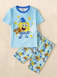 SpongeBob SquarePants | SHEIN 男童卡通印花圆领短袖修身夏季家居服 - 藍色 - 查看 1