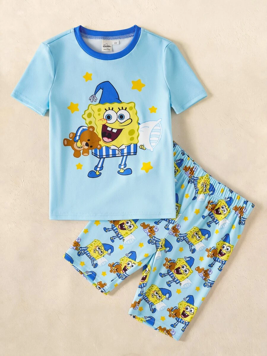 SpongeBob SquarePants | SHEIN 男童卡通印花圆领短袖修身夏季家居服 - 藍色 - 查看 1