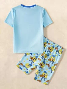 SpongeBob SquarePants | SHEIN 男童卡通印花圆领短袖修身夏季家居服 - 藍色 - 查看 2