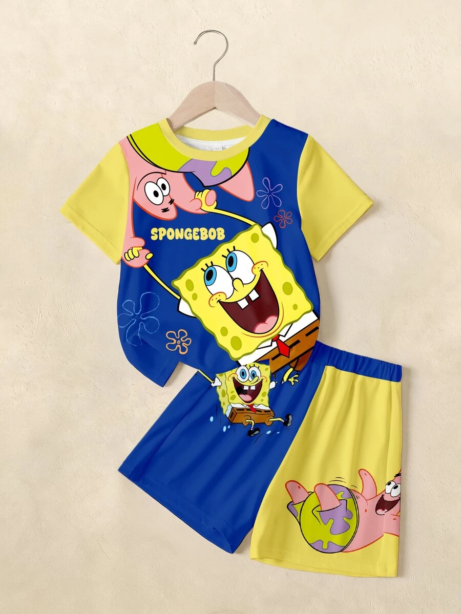 SpongeBob SquarePants | SHEIN 男童夏季休闲度假及日常通勤卡通印花撞色短袖T恤和短裤套装 - 白色 - 查看 1