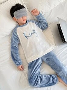 SHEIN 兒童 2 件組大童男孩拼色字母刺繡毛絨布家居服套裝 秋季 - 藍白色 - 查看 5