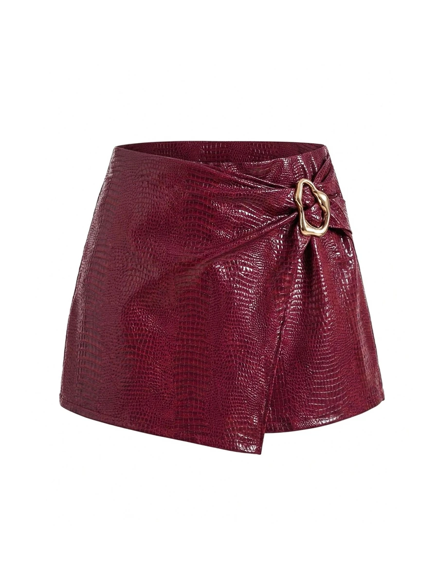 Sweetra Plus Size Burgundy Crocodile Embossed High Waist Slimming Anti-Exposure Bodycon Skirt Skort Fall - Burgundy - View 1