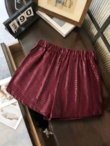 Sweetra Plus Size Burgundy Crocodile Embossed High Waist Slimming Anti-Exposure Bodycon Skirt Skort Fall - Burgundy - View 3