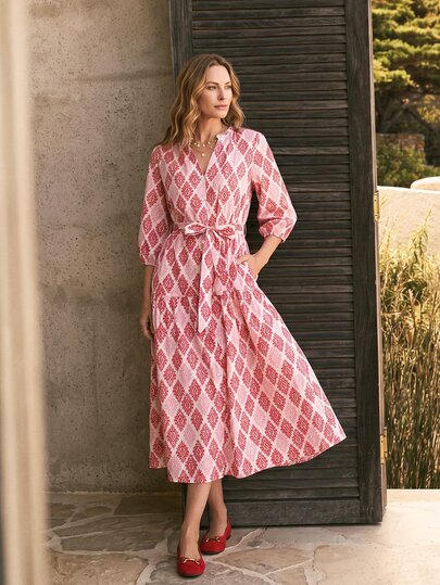 Dayvera Women's Geometric Print Three-Quarter Sleeve Casual Elegant Boho Belted Dress Vacation Autumn Red&White Print