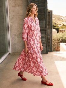 Dayvera 女款幾何印花七分袖休閒熱帶優雅波西米亞風繫腰洋裝，度假秋季紅白色，早午餐粉紅色與紅色 - 彩色 - 查看 8