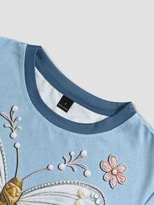 Resyla Women's Butterfly & Floral Print Shell Embroidery Round Neck Top - Multicolor - View 3