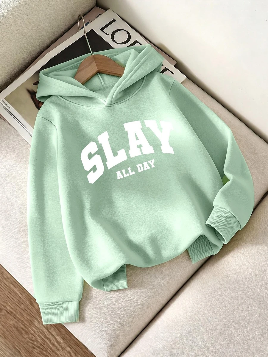 青少年女孩 SLAY ALL DAY 字母印花長袖寬鬆街頭風衛衣 祖母綠 秋冬上衣 適合六年級/高中校園穿搭 - 綠色 - 查看 1