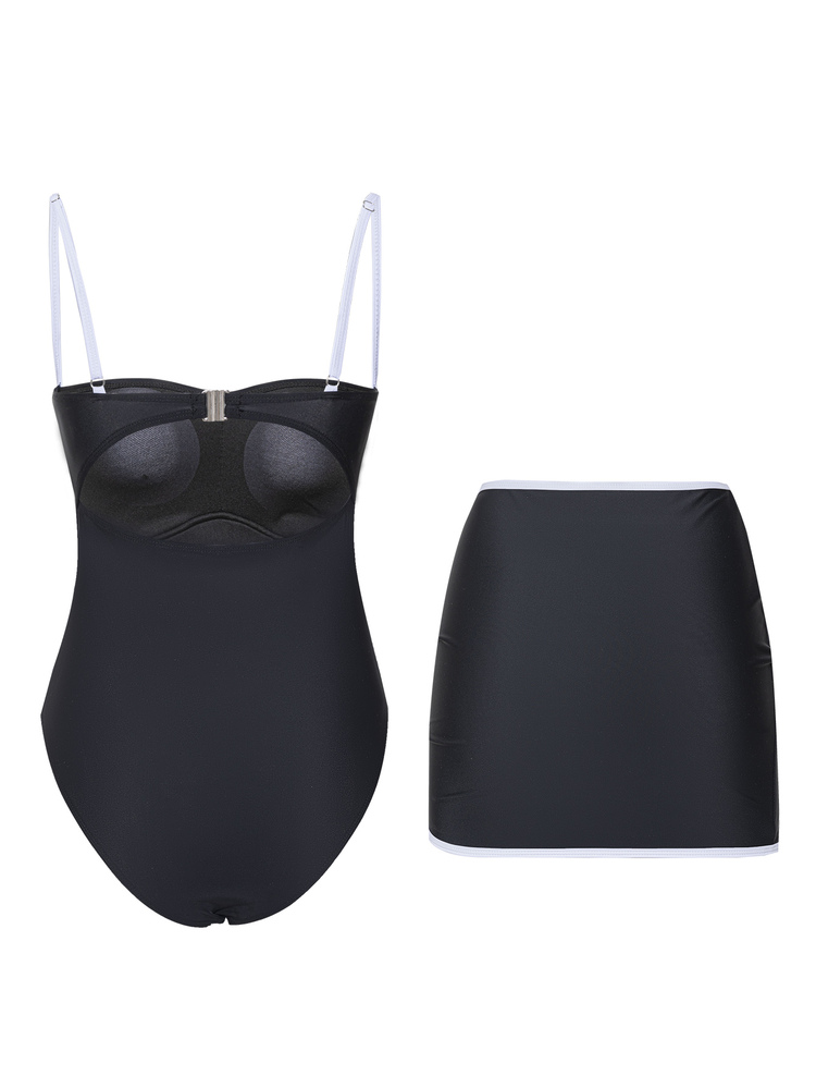 Bonvoyette 1pc Adjustable Strap Removable Padded Contrast Color Splice One-Piece Swimsuit Top & Skirt Set For Women, Fashionable & Sexy, Spring/Summer - Black and White - View 4
