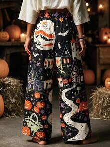 Vaclyn Women's Casual Vacation Style Pumpkin Pattern Wide Leg Long Pants - Black - View 4