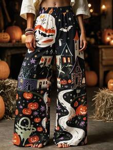Vaclyn Women's Casual Vacation Style Pumpkin Pattern Wide Leg Long Pants - Black - View 3
